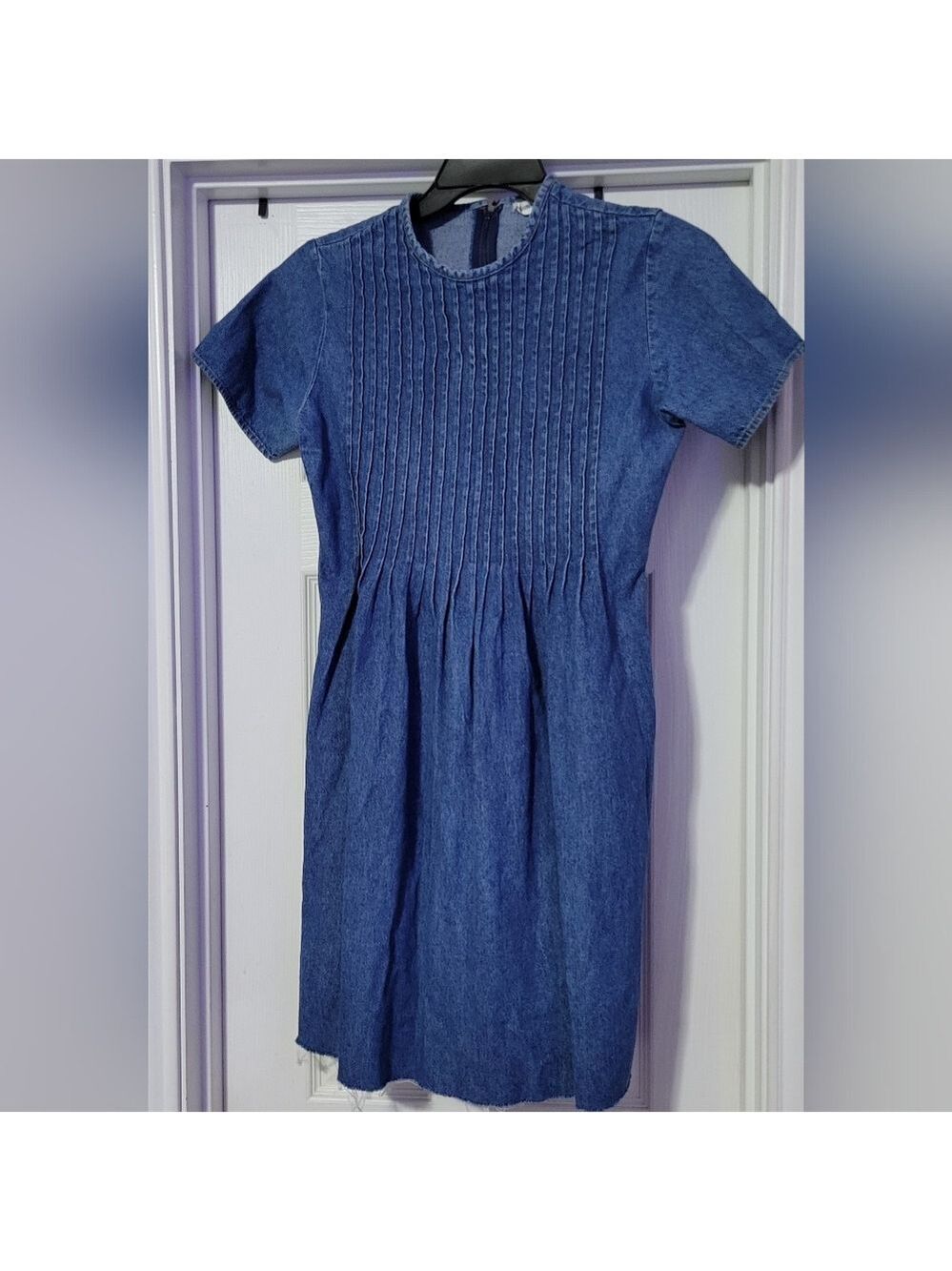 Neiman Marcus | Vintage Denim Dress | Pleated Bodice, Raw Hem, Flared Skirt